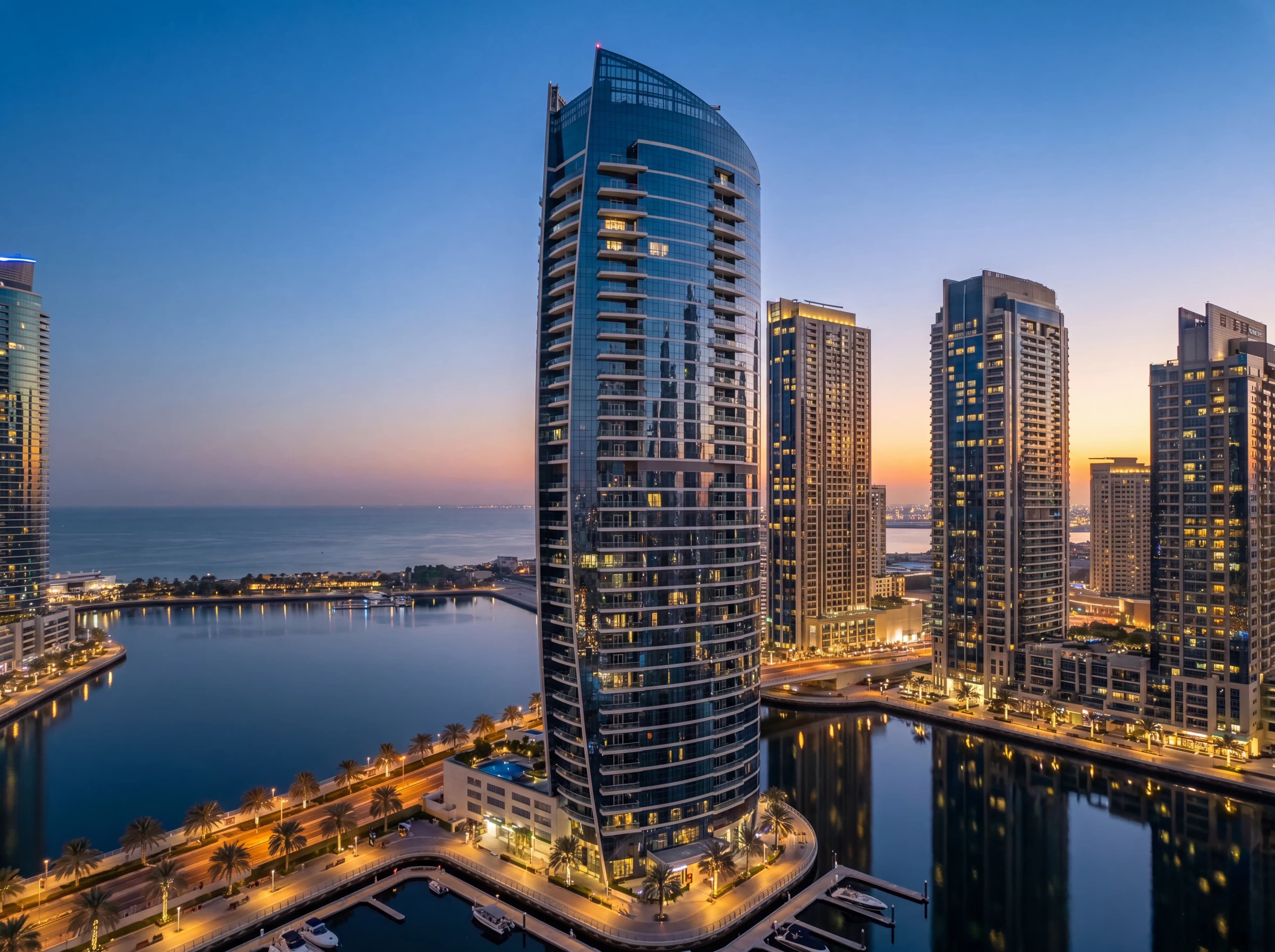 Moderner Glas-Wolkenkratzer in Dubai Marina zur Dämmerung mit Wasserreflexionen aus Drohnenperspektive