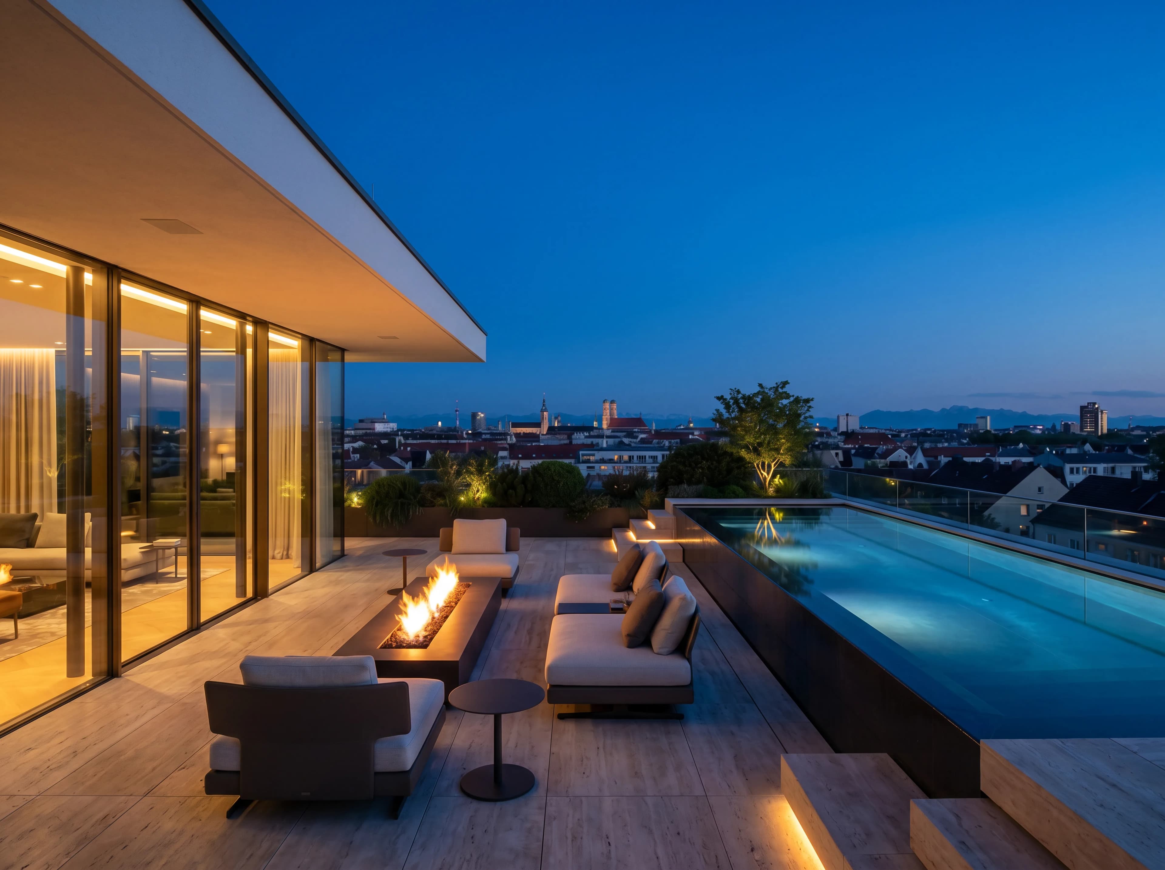 Luxus-Penthouse-Dachterrasse in München-Bogenhausen zur blauen Stunde mit Skyline und Alpenblick